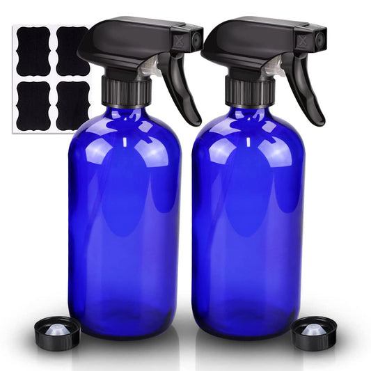 Wedama Glass Spray Bottle, 2 Pack Blue 16 oz Glass Spray Bottles for Cleaning Solutions and Essential Oils, Refillable Empty Spray Bottle with Adjustable Nozzles for Alcohol, Plant and Hair Care