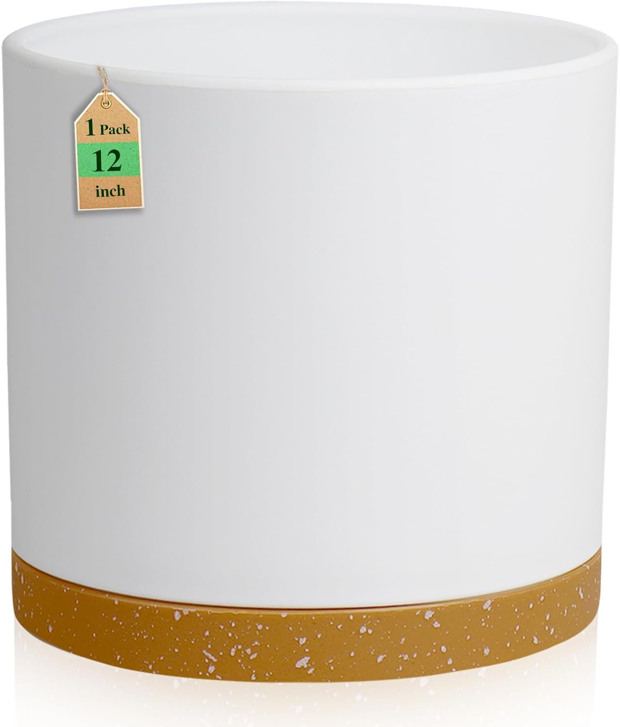 12 Inch Large Deep Plant Pots for Outdoor Indoor Plants, Tall Cylinder Flower Pots with Drainage Holes and Saucer, Big Decorative Plastic Planter Pots for Garden House Plants, White with Brown