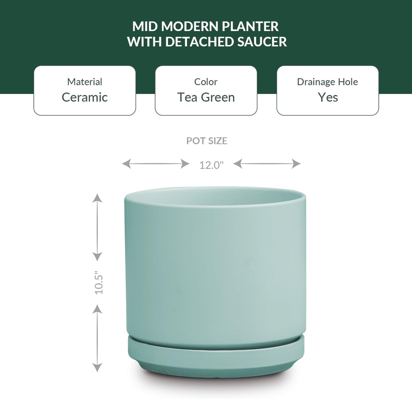Ceramic Mid Modern Planter Pots with Detached Saucer - Indoor/Outdoor Plant Pots with Drainage Hole