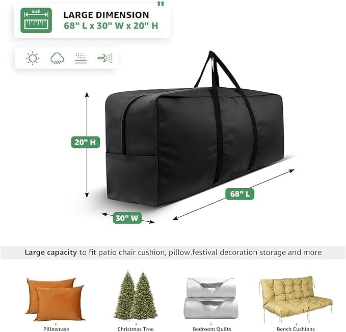 Garden Cushion Storage Bag 420D Waterproof Rectangular Outdoor Patio Cushion Storage Bag with Zipper and Handles - Extra Large 68" L x 29" H x 20" W Black