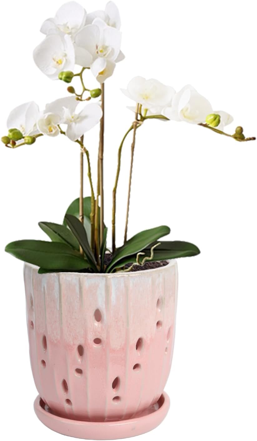 vensovo 6 Inch Ceramic Orchid Pot - Orchid Pot with Holes for Repotting, Ceramic Planter with Saucer for Indoor/Outdoor Plants, Pink