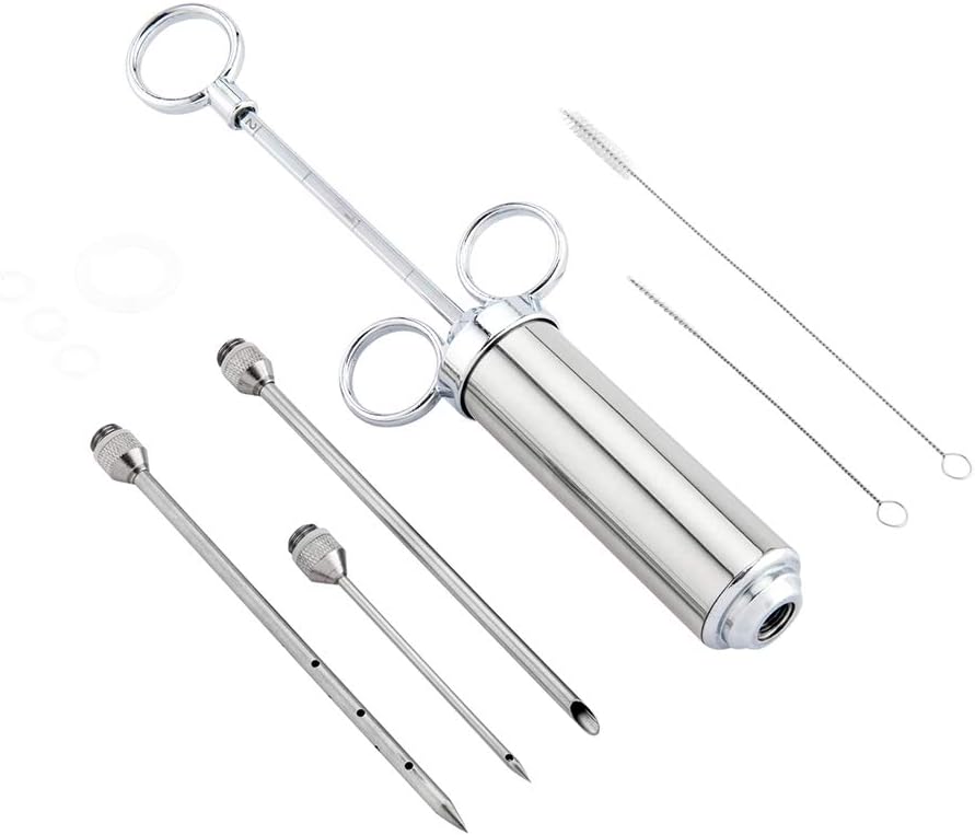 Restaurantware Met Lux Meat Injector Kit Professional Food Injector Syringe Kit - 2 Ounce Syringe 3 Needles Stainless Steel Meat Injector Set 2 Cleaning Brushes For Marinating And Seasoning