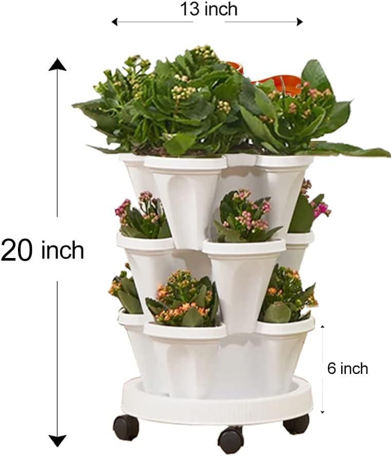 Strawberry Vertical Planters, 3 Tiered Stacking Tower Garden, Stackable Herb Vegetable Planters with Movable Casters and Bottom Saucer Indoor and Outdoor - White