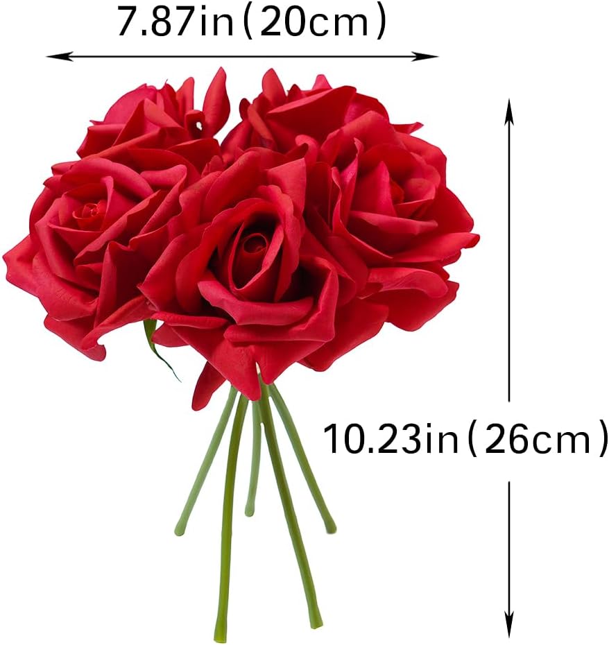 Artificial Roses Single Stem 10pcs Fake Silk Flower Arrangement Bouquet Real Touch for Home Party Wedding Decoration(Red)