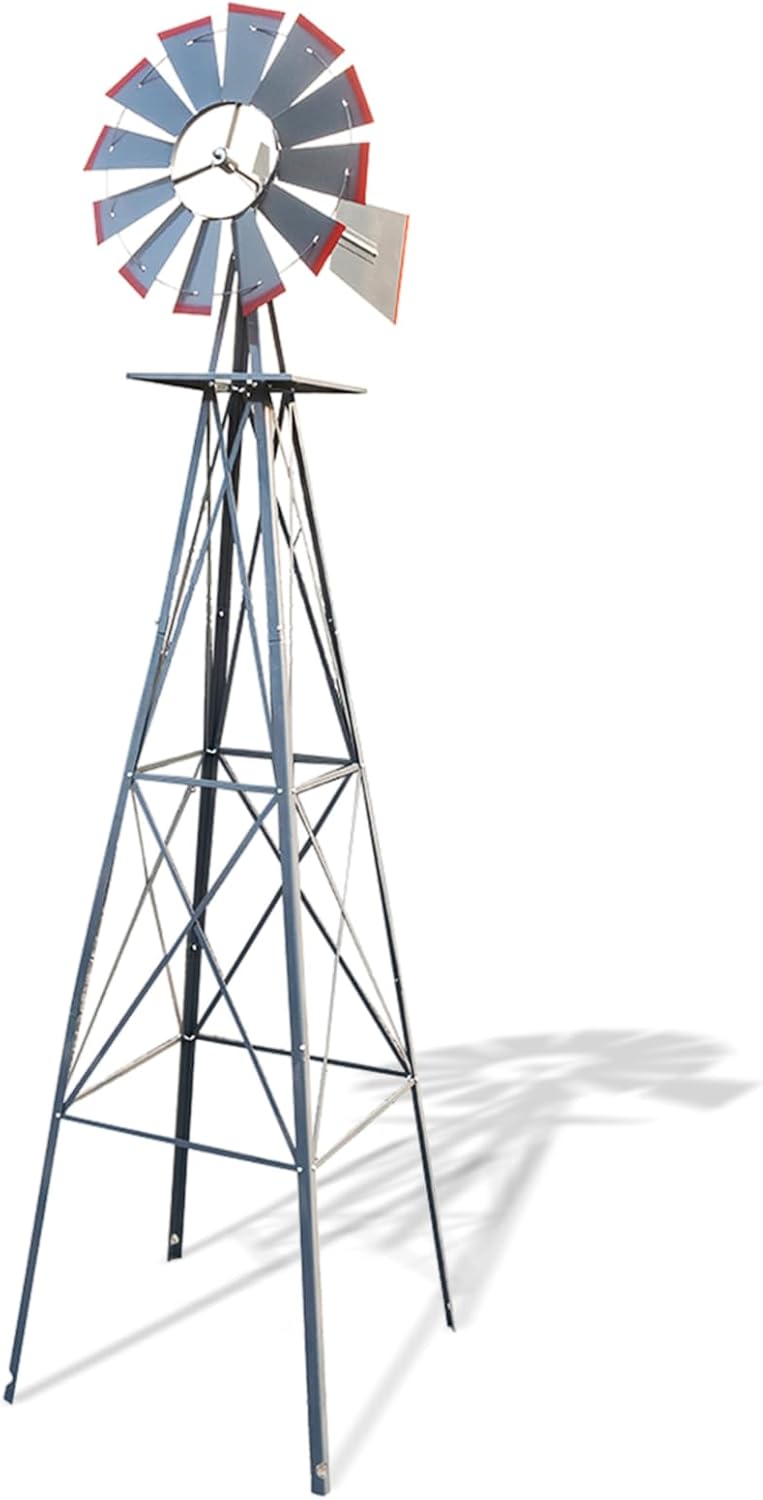 Outvita 8FT Ornamental Windmill, Heavy Duty Durable Metal Weather Vane Garden Decoration Weather Resistant for Garden, Yard, Farm, Seaside (8ft-Gray)