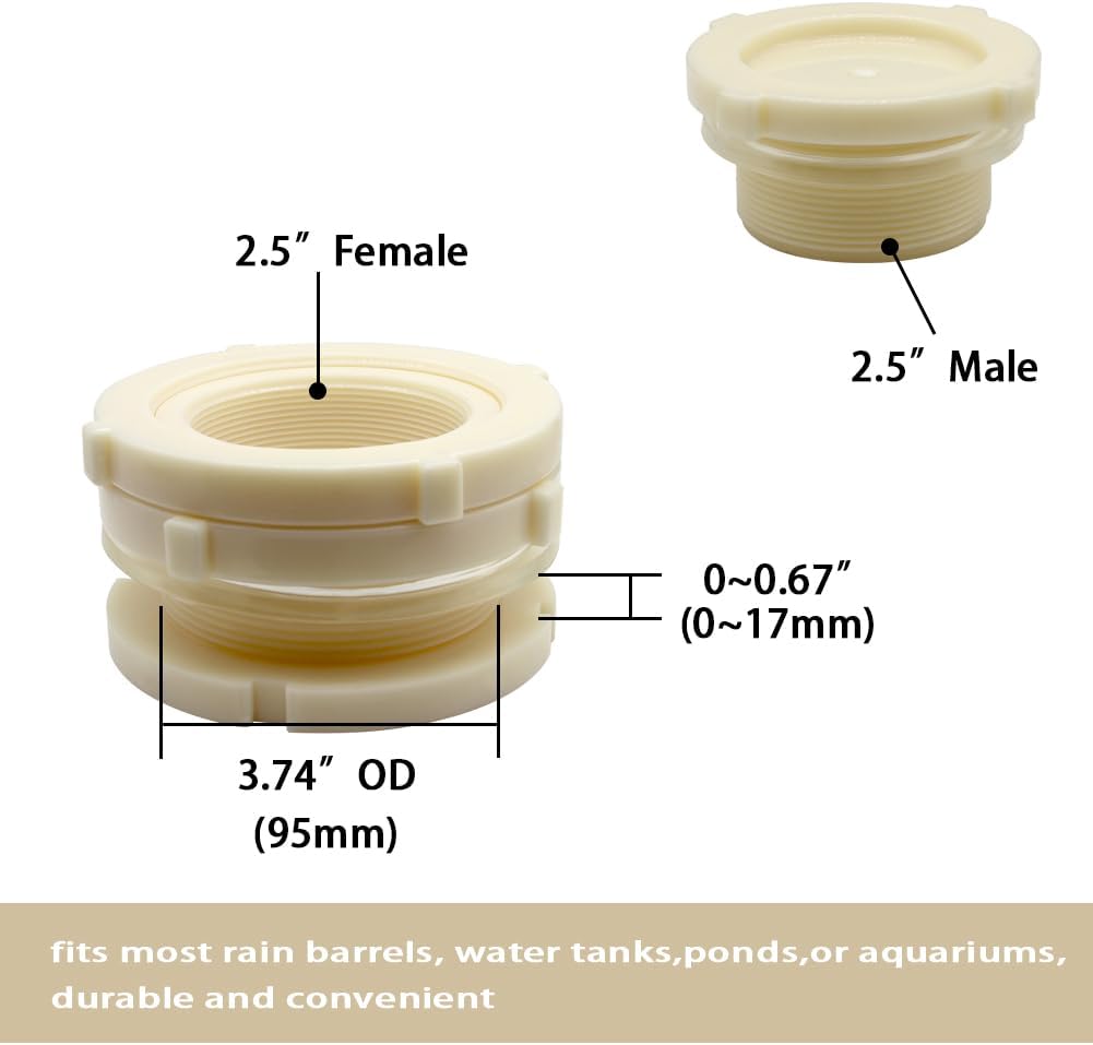 2.5" Female ABS Bulkhead Fitting, Plastic Water Tank Connector Adapter Fitting with Plugs for Outdoor rain Barrel Garden Hose Adapter Spigot kit Water Tank Gallon Drain Bucket(Set of 1)