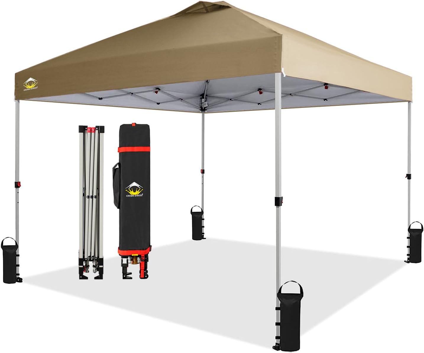 CROWN SHADES 10x10 Pop Up Canopy, Patented Center Lock One Push Tent Canopy, Newly Designed Storage Bag, 8 Stakes, 4 Ropes, Beige