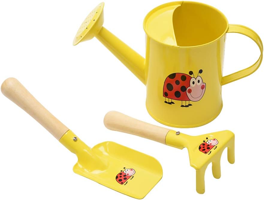 Sungmor Kids Gardening Tools Set Cute Little Gardener Kit | Package Includes 3PC Yellow Ladybird Watering Can & Trowel & Rake Gardening Hand Tools | Perfect for Garden,Yard or Beach