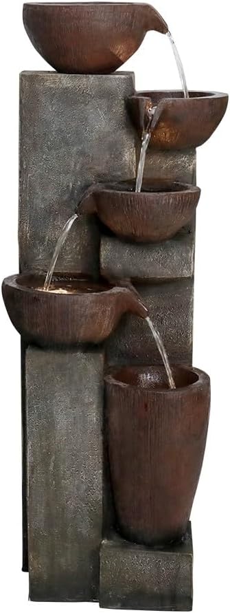 SunJet 5-Tier Cascading Indoor/Outdoor Water Fountain with LED Lights - 39.7" High Large Waterfall Floor Standing Fountain for Garden, Patio, Yard, and Deck Decor - Relaxing Outdoor Water Feature