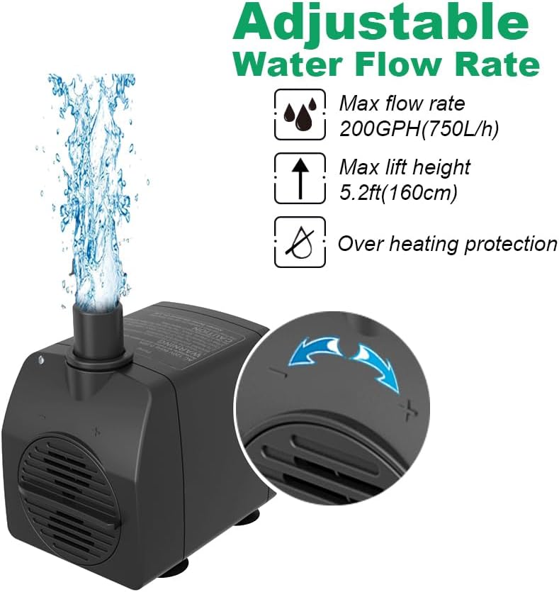 Submersible Pump 200GPH Ultra Quiet with Over Heating Protection 5.2ft High Lift for Fountains, Hydroponics, Ponds, Aquariums & More…