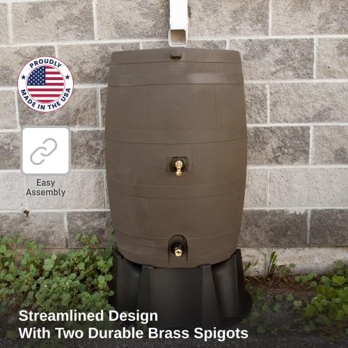 50-Gallon Dual Spigot Rain Barrel, Flat Back Rain Water Collection Barrel, Stand Included, Walnut Color