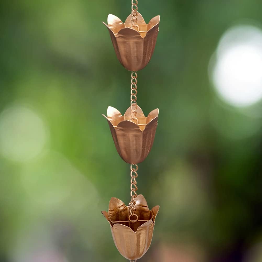 Rain Chains for Gutter, 8.3 Ft Tulip Rain Water Chain with 12 Cups, Adjustable Gold Rain Catcher Chain, Replacement Downspout for Gutters, Eaves Drainage Decor