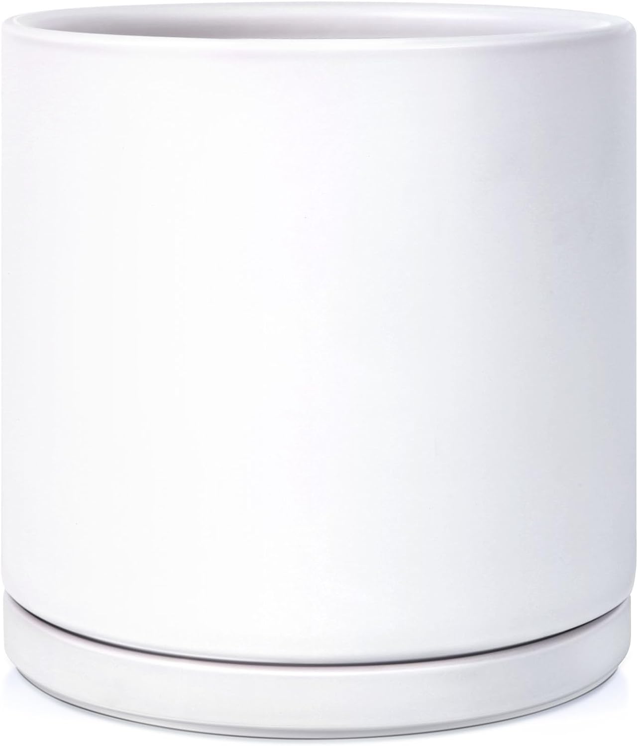 Kazeila Plant Pots Ceramic Planter for Indoor Outdoor Plants Flowers 10 Inch Matte White Large Cylinder Flower Pot with Saucer and Drainage Hole,Glazed Finish Interior and Exterior
