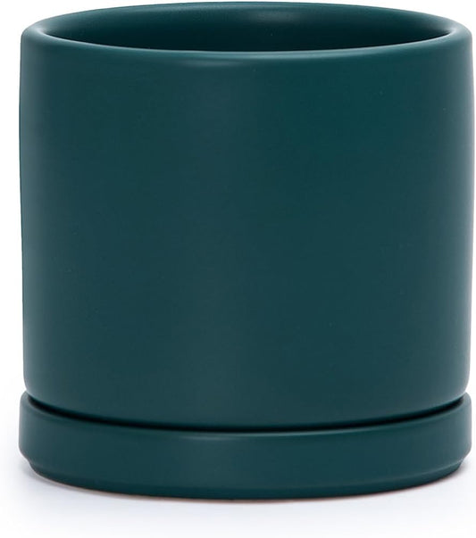 D'vine Dev 4.6 Inch, Ceramic Planter Pot with Drainage Hole and Saucer, Indoor Cylinder Round Planter Pot, Teal, 94-O-B-9