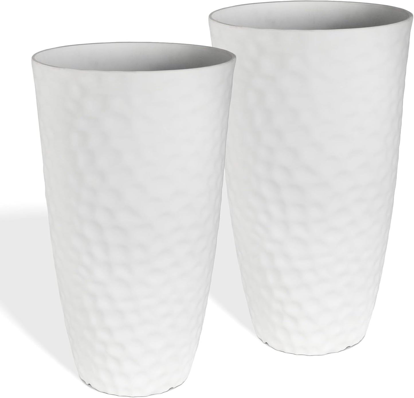 Worth Garden 24" H Tall Hammered Texture Planters Set of 2 - Matte White Plastic Flower Pot with Drainage Holes, Modern Outdoor Indoor Lightweight Pots for Large Plants, Durable Decor Containers