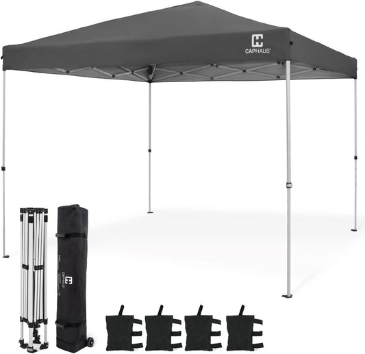 CAPHAUS 12ft x 12ft Patented One-Push Pop Up Outdoor Canopy Tent, Heavy-Duty Commercial Grade w/Central Lock, Portable and Instant Folding Shelter with Wheeled Carry Bag and Weight Bag, Dark Grey