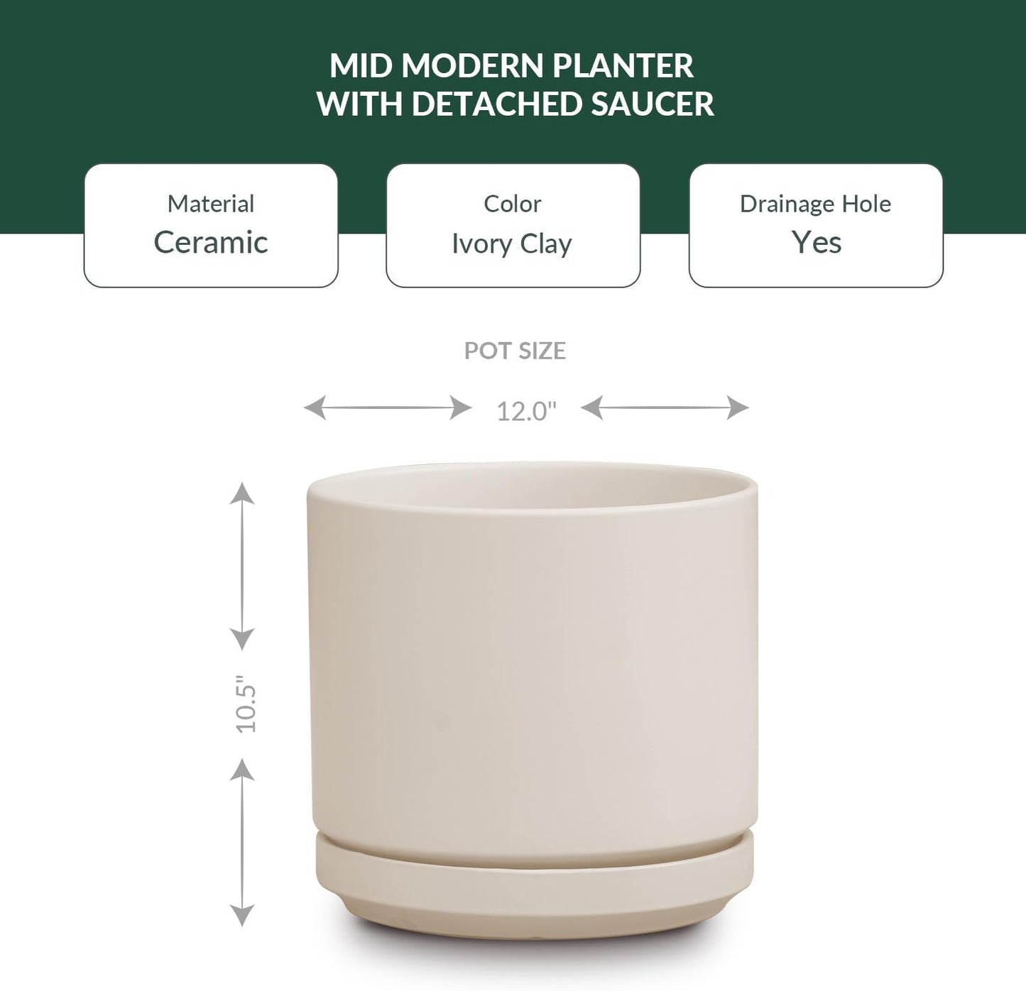 Mid Modern Planter with Detached Saucer (Ivory Clay,12.0" D x 10.5" H)