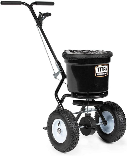 Titan Attachments 50 lb Professional Fertilizer Push Broadcast Spreader, Spreads 10 to 12 FT, Lawn Care and Ice Melter, Yard Tool