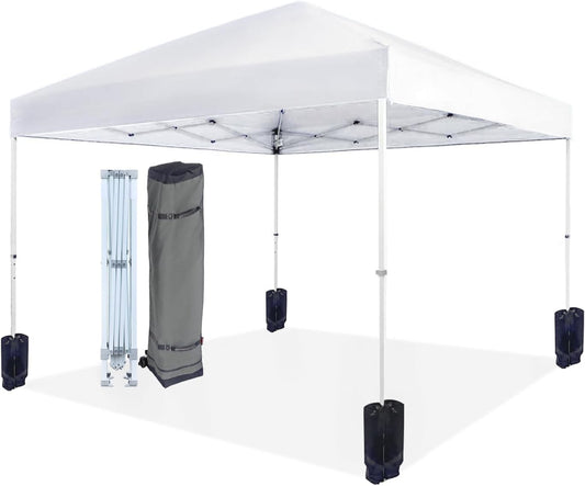 Amazon Basics Outdoor Pop Up 10 x 10 Canopy Tent for Events, Portable with Easy Setup, One-Push, Includes Wheeled Carry Bag, 8 Pegs, 4 Ropes, 4 Weighted Bags, White