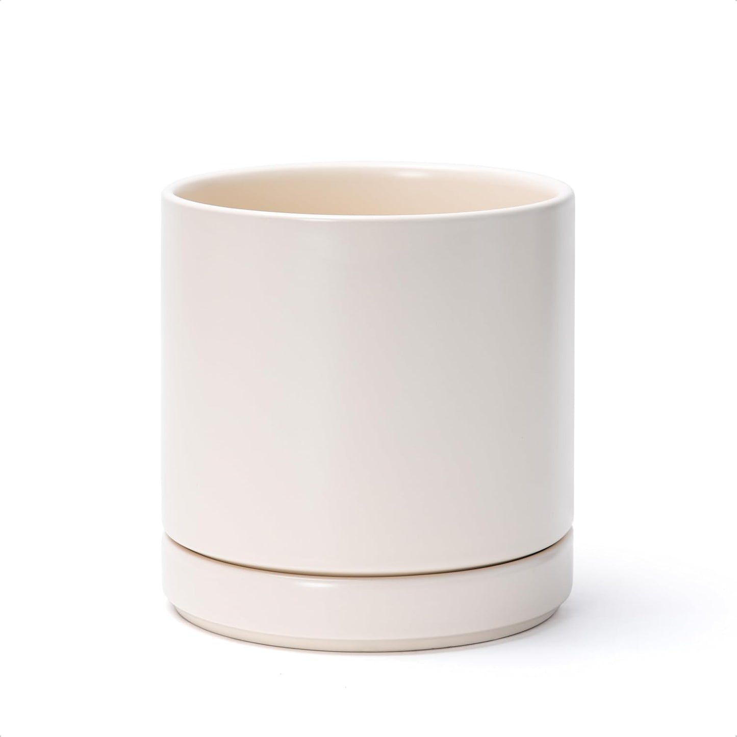 D'vine Dev 6 Inch Ceramic Planter Pot with Drainage Hole and Saucer, Indoor Cylinder Round Planter Pot, Oatmeal, 94-O-C-8