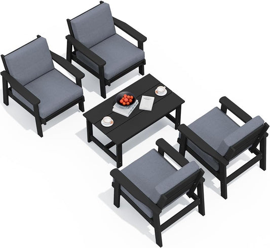 SERWALL Outdoor Patio Furniture Set, 5 Piece HDPE Patio Conversation Sets, All-Weather Wood-Like Outdoor Couch Loveseat and Coffee Table with Thick Cushions for Porch Balcony Garden Backyard