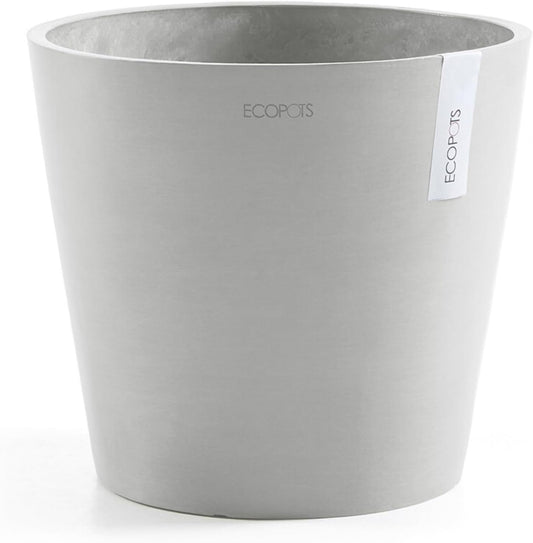 Ecopots Amsterdam Durable Modern Round Indoor/Outdoor Recycled-Based Composite Flower Pot Planter, White Grey, 12"