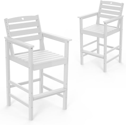 Tall Adirondack Chairs Set of 2, HDPE Wood Balcony Adirondack Chairs Set with Heart Cutout Design, Weather-Resistant Bar Height Furniture for Deck, Porch, Pool (White)