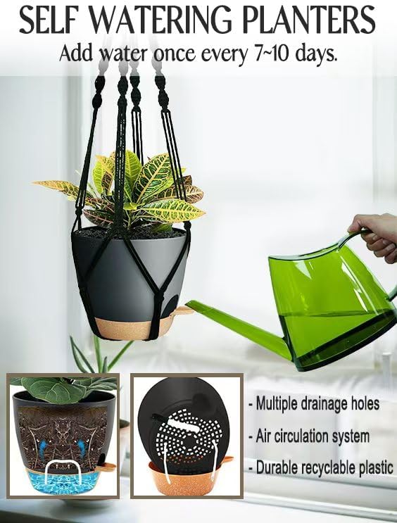 3 Pack Self Watering Hanging Planters Macrame Plant Hangers with Indoor Flower Pots, 3 Different Size Hanging Basket, Plant Hanger with Hooks for Garden Home Decor Black