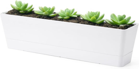 GREANER 16x3.8 Inch Window Boxes Planters, 1PCS White Vegetable Herb Planters with Tray, Indoor Succulent Cactus Flowers Plastic Rectangle Pot for Balcony, Office, Garden, Outdoor, Windowsill