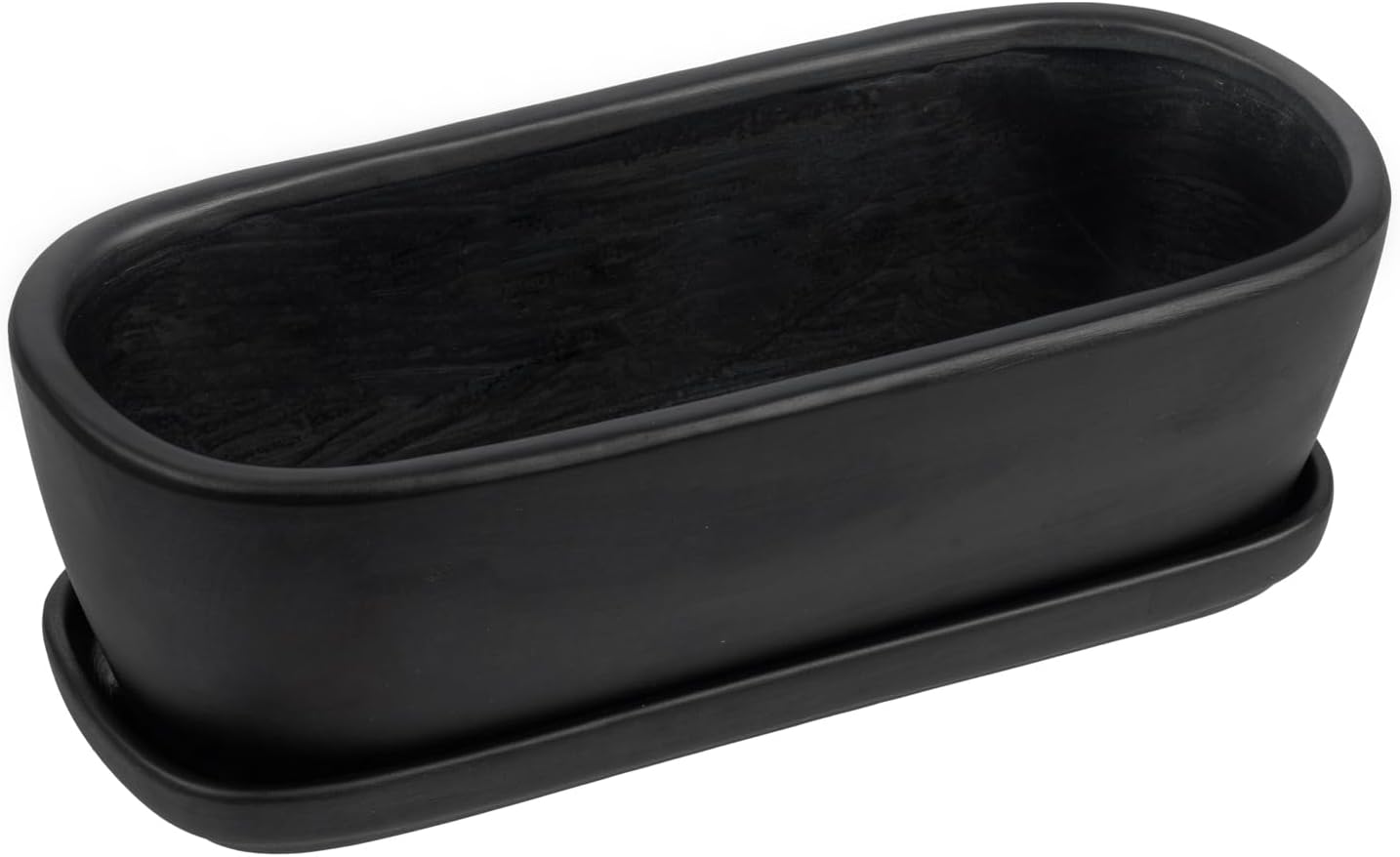 MyGift 14 Inch Oval Modern Matte Black Ceramic Succulent Planter Pot with Drainage Hole and Removable Saucer, Decorative Indoor House Plant Container for Flowers, Cactus, Herbs