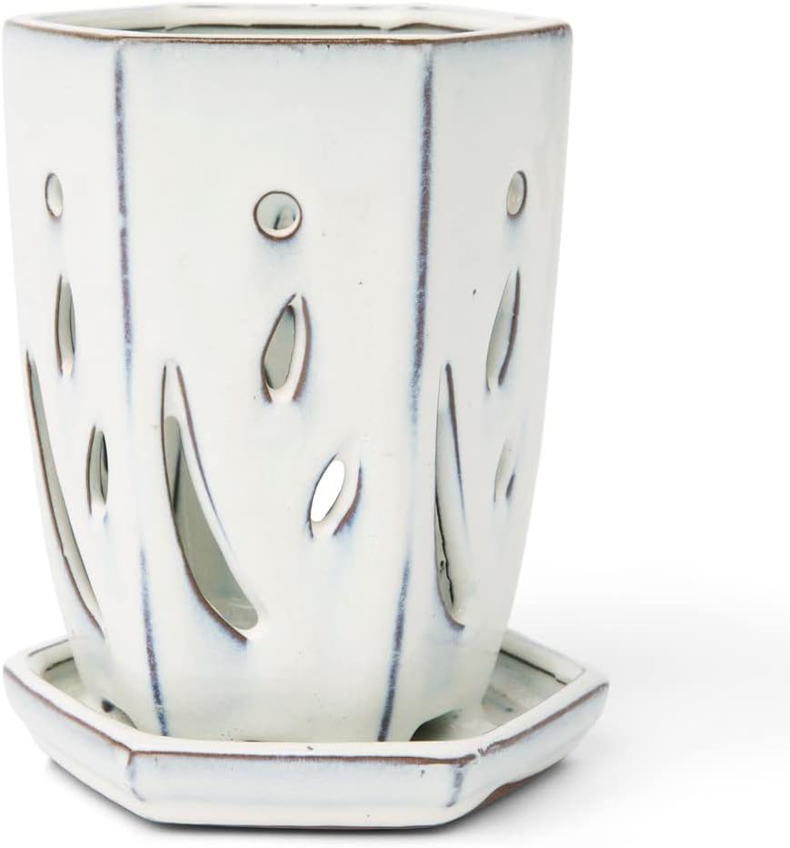 rePotme 4 x 6 inch Ceramic Orchid Pot (White Diamond) - Hexagon Orchid Pot with Holes