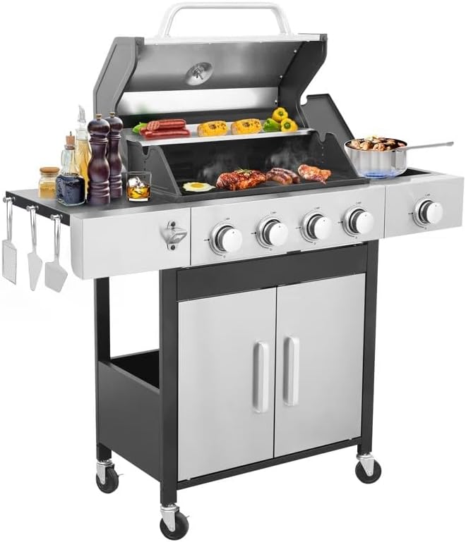 4-Burner Propane Gas Grill With Side Burner, 34,200 BTU Outdoor BBQ Grill with Stainless Steel Warming Rack & Enameled Cooking Grids – Foldable Side Tables, Built-in Thermometer – Heavy-Duty 6" Wheels