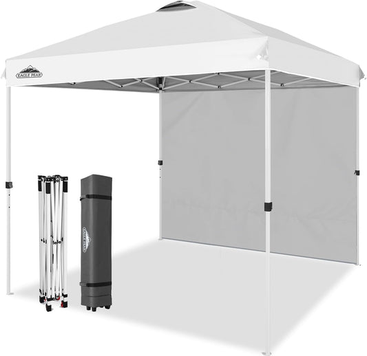 EAGLE PEAK Pop Up Canopy Tent with 1 Sidewall, Easy Setup Event Tent, Outdoor Sun Shade, Wheeled Carry Bag, Stakes and Guy Ropes, Instant Canopy 8x8, White