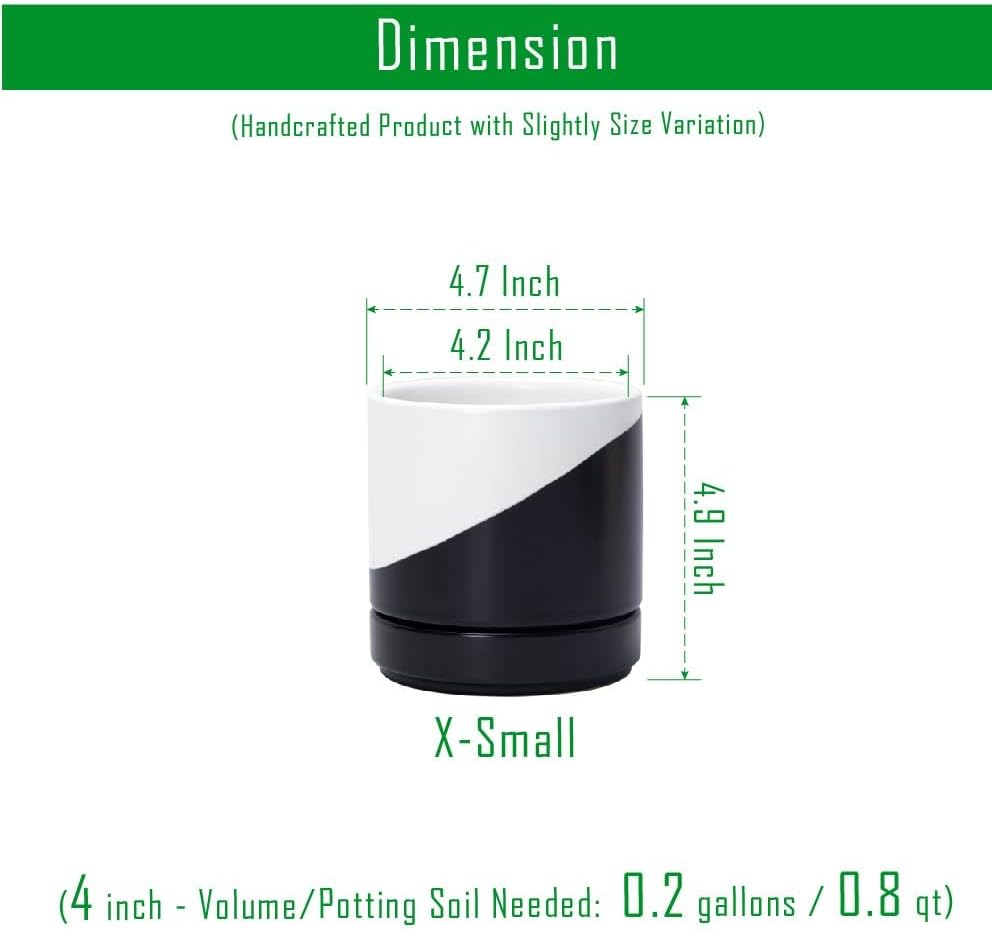 D'vine Dev 4.6 Inch Ceramic Planter Pot with Drainage Hole and Saucer, Indoor Cylinder Round Planter Pot, Oblique Monochrome Black and White, 94-O-B-K