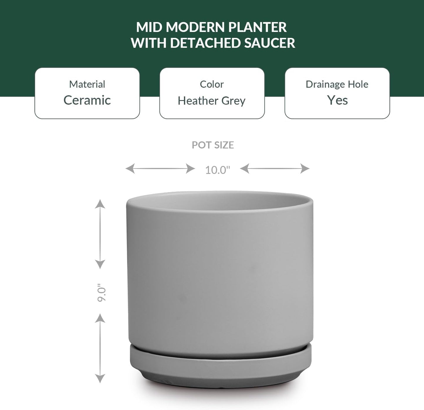 Ceramic Mid Modern Planter Pots with Detached Saucer - Indoor/Outdoor Plant Pots with Drainage Hole