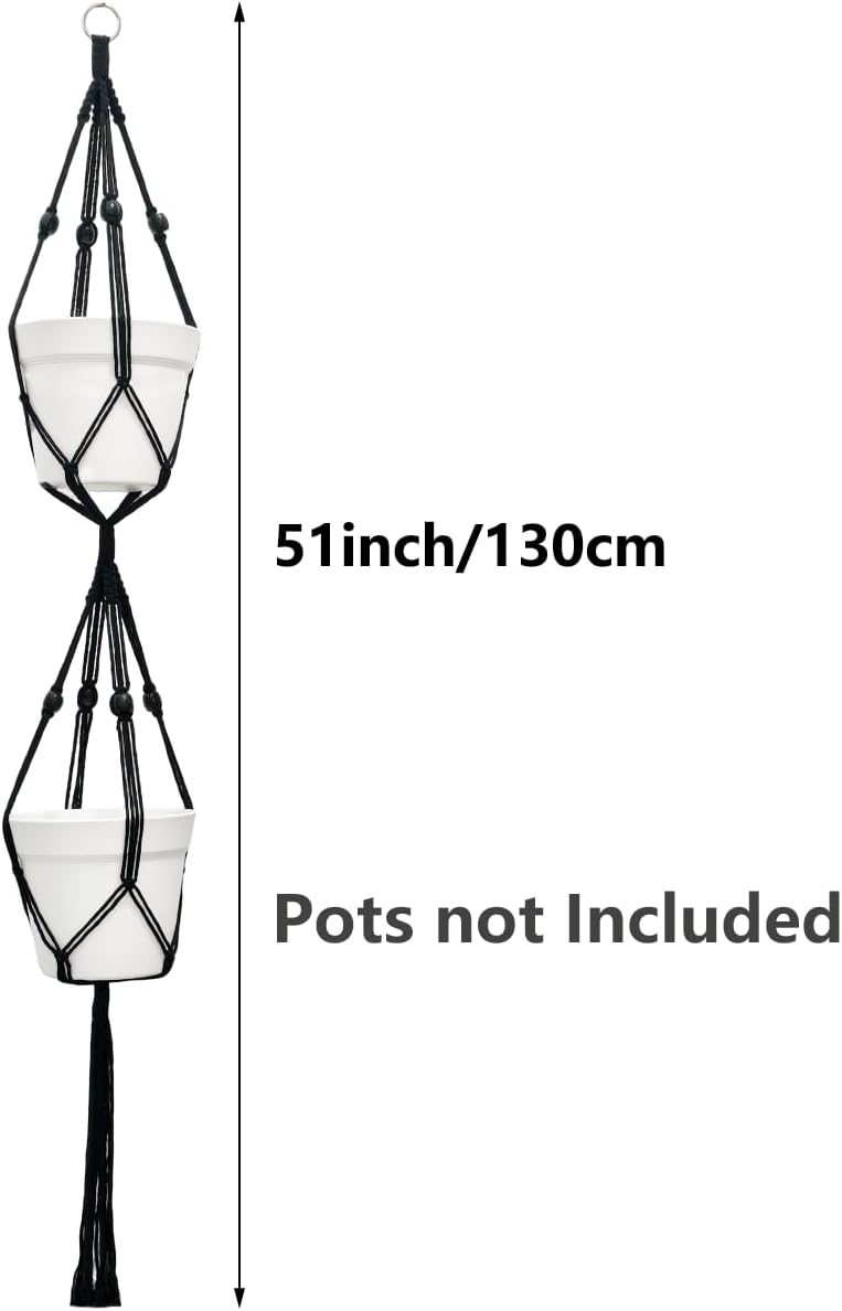 Belit 2 Pack Double Macrame Plant Hangers 2 Tier Hanging Planter Basket Decorative Flower Pot Holder Rope for Indoor Outdoor Home Decor 51 Inch, Black