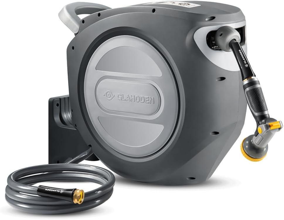 Retractable Garden Hose Reel 5/8 in x 100 ft Metal Bracket, 2025 Upgraded Dual Ratchet Lock UV & Freeze Protection Brass Seal Slow Retraction Anti-Tangle Hose 180°Swivel