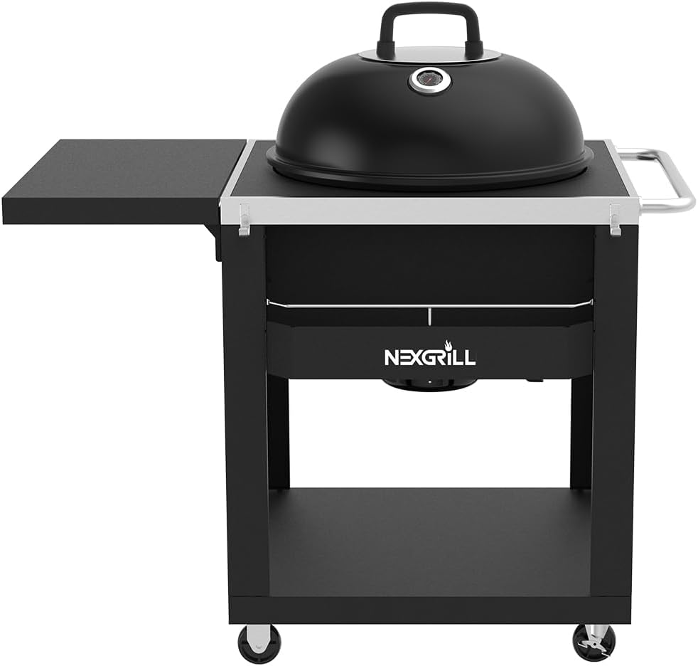 Nexgrill 22" Charcoal Grill with Table Cart and Side Table, 358 SQ In Grate, Adjustable Air Vents, Integrated Temperature Gauge, Mobile Cart Barbecue Grill for Camping, Picnics, and More - 810-0026HC