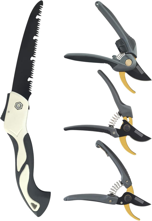 4 Piece Gardening Scissors Folding Saw and Pruner Set Sharp Hand Garden Clippers Set with Folding Pruner Saw