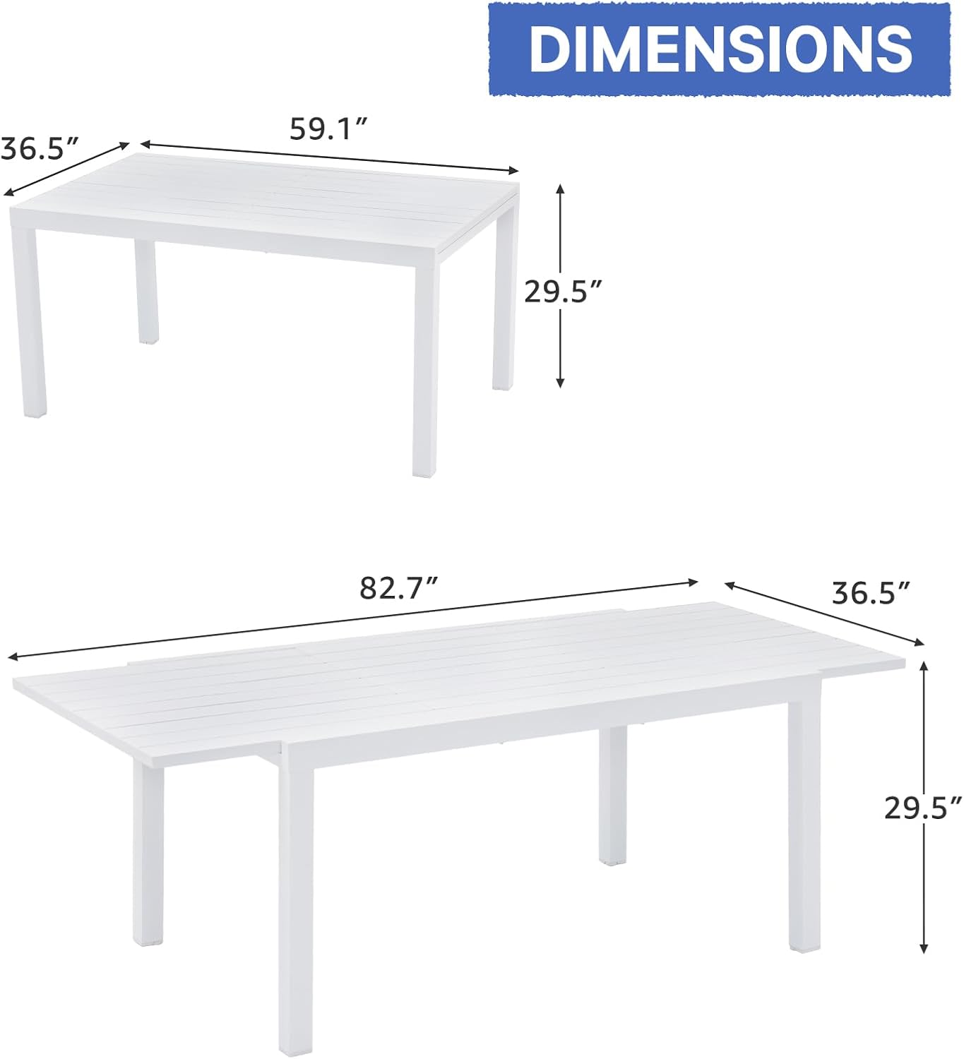Soleil Jardin Aluminum Patio Extendable Dining Table, 59" - 83", Adjustable Indoor Outdoor Furniture Rectangle Table for 6-8 Person Porch Deck Garden, White