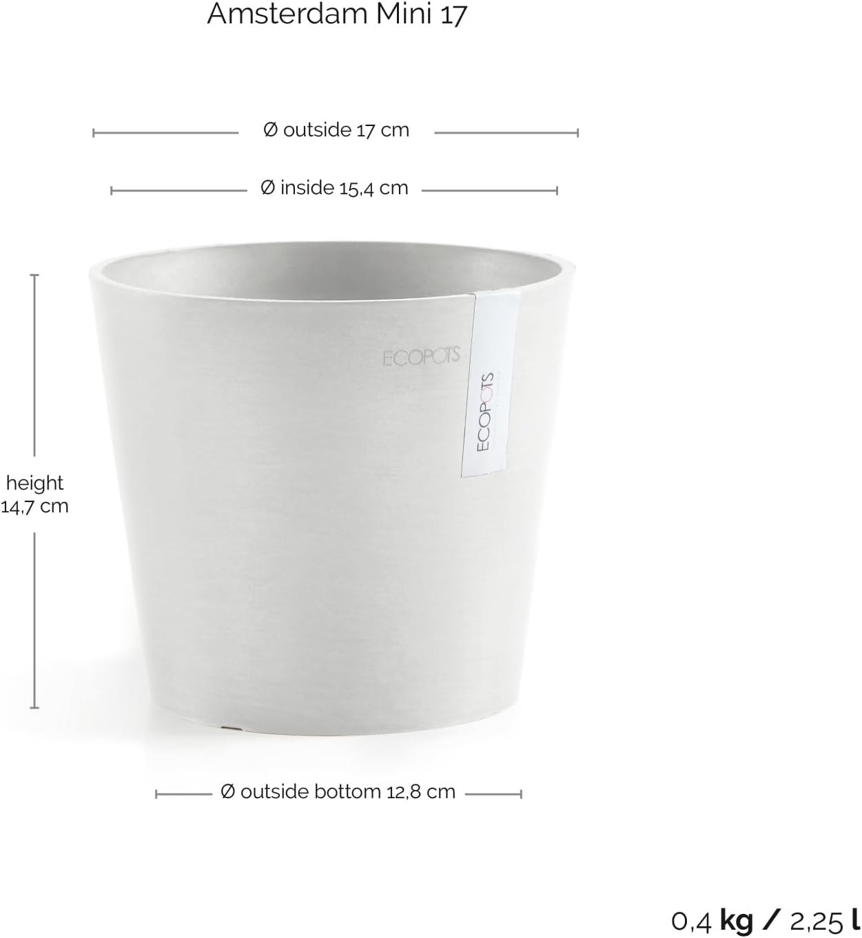 Ecopots Amsterdam Mini Durable Modern Round Recycled-Based Composite Flower Pot Planter, Pure White, 7"