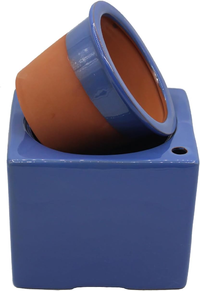 2-Pack Ceramic African Violet Self Watering Pot 6 Inch Square Pot 3.5 Inch Innter Pot Easy Fill Water Reservoir White Blue