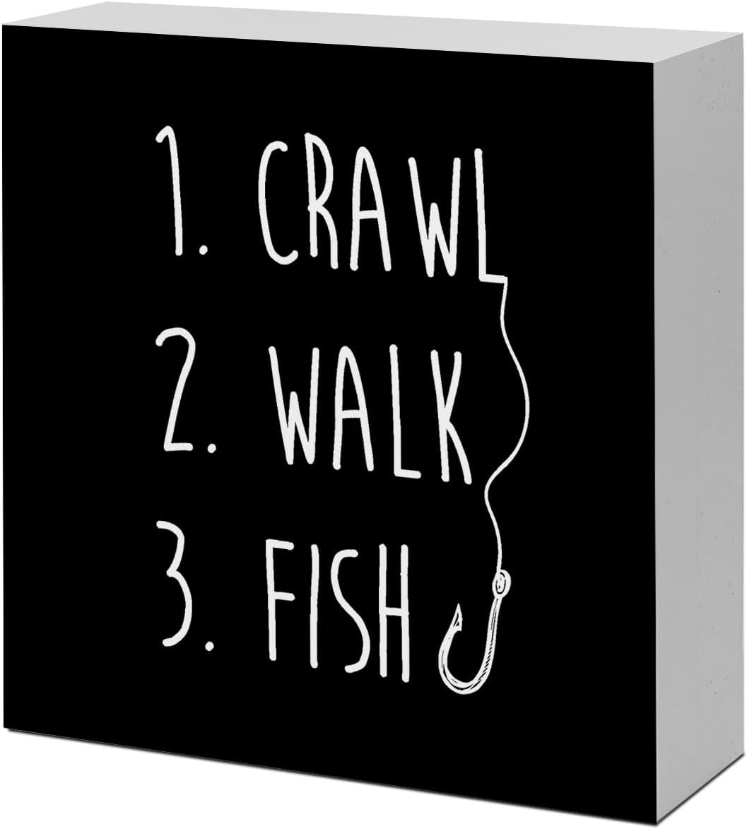 Black Crawl Walk Fish Rustic Wooden Sign, Funny Baby Fishing Wood Block Desk Decor for Home Bedroom Baby Room Shelf Table