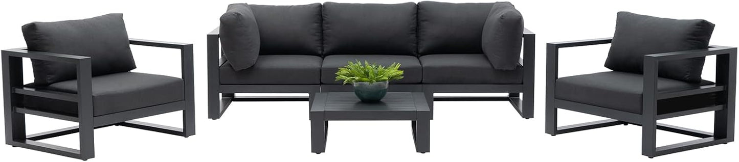 Outdoor Conversation Set 6 Pieces Aluminum Patio Furniture Modular Sectional Sofa Set with Armchairs, Square Coffee Tables, Dark Grey Cushions