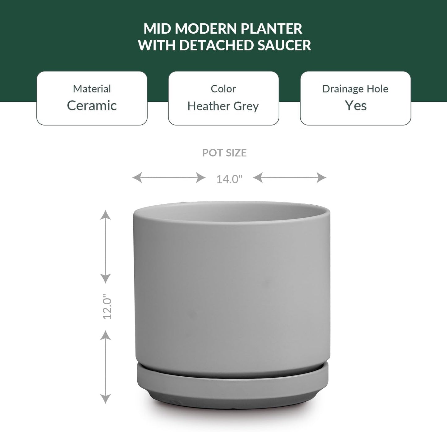 Mid Modern Planter with Detached Saucer (Heather Grey,14.0" D x 12.0" H)