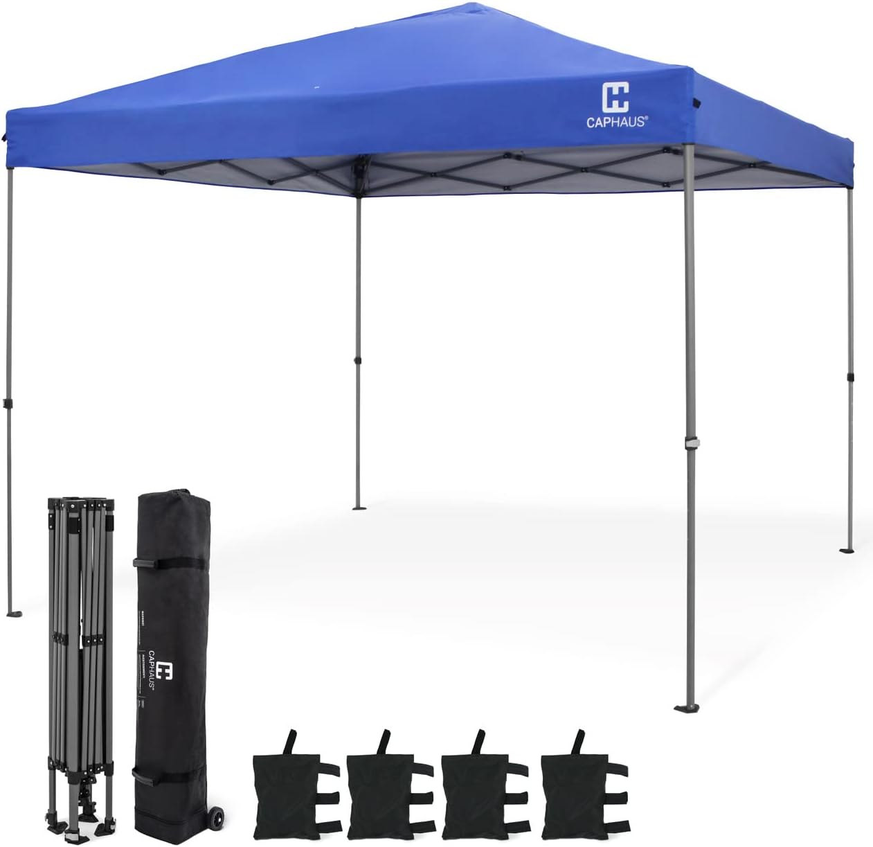 CAPHAUS Patented One-Push Pop Up Outdoor Canopy Tent, Heavy-Duty Commercial Grade w/Central Lock, Portable and Instant Folding Shelter with Wheeled Carry Bag and Weight Bag, 10ft x 10ft, Blue