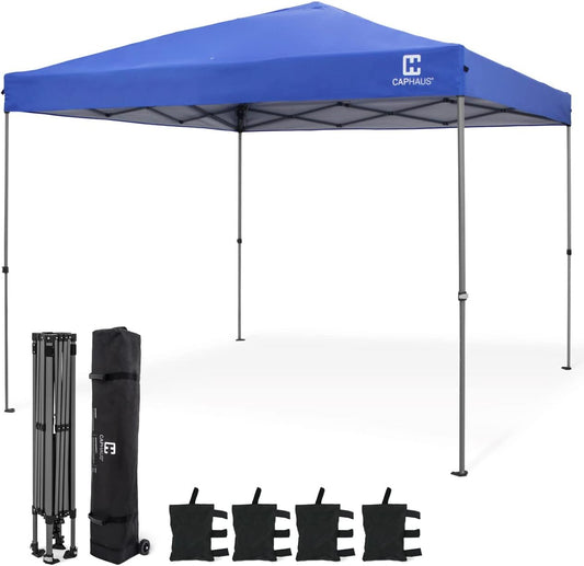 CAPHAUS 12ft x 12ft Patented One-Push Pop Up Outdoor Canopy Tent, Heavy-Duty Commercial Grade w/Central Lock, Portable and Instant Folding Shelter with Wheeled Carry Bag and Weight Bag, Blue