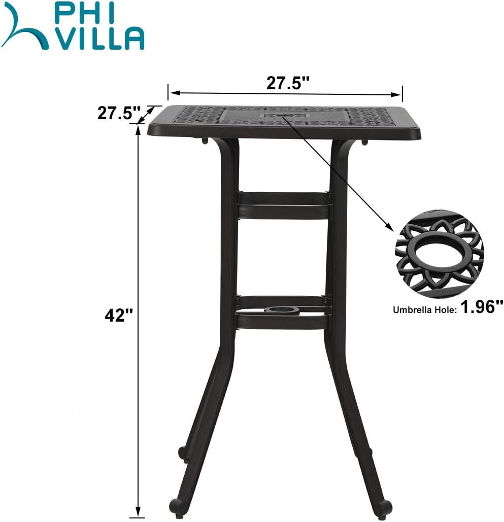 PHI VILLA Cast Aluminum Outdoor Patio Bar Tables, Outdoor Frosted Surface Square Bar Height Bistro Table - 42" Pub Height