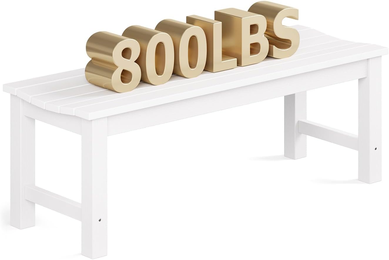 Outdoor Bench, 2-Person Patio Backless Bench Holds up to 800lbs, Weatherproof Garden Bench That Never Rot and Fade, Suit for Backyard, Porch, Patio, Deck and Entryway (White)