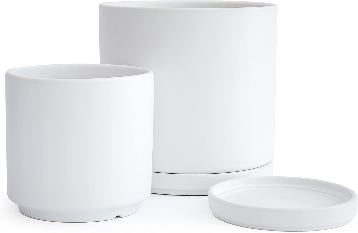 D'vine Dev 6 Inch & 8 Inch Ceramic Planter Pots for Plants with Drainage Hole and Saucer, Medium Plant Pots Set, White, 94-G-M-1